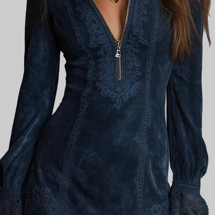 Jasmine – Blue Suede Mini Dress with Lace