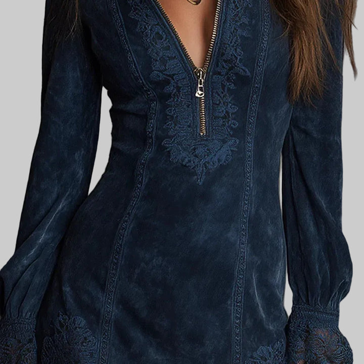 Jasmine – Blue Suede Mini Dress with Lace