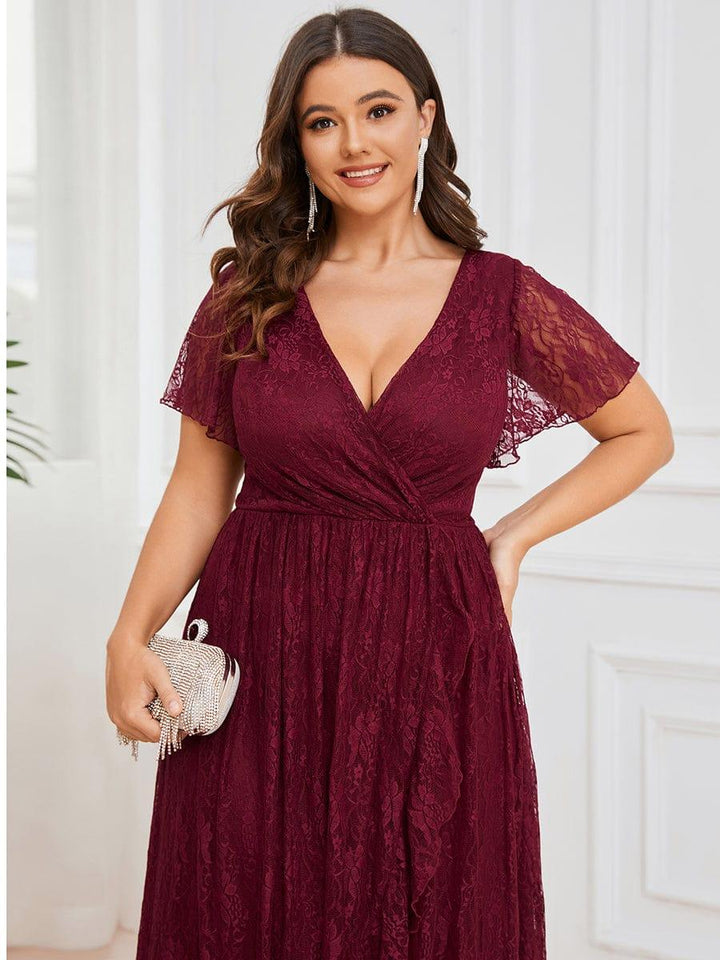 ever ELISE|V-Neck Short Sleeve Pleated Ruffled Lace Mother of the Bride Dress