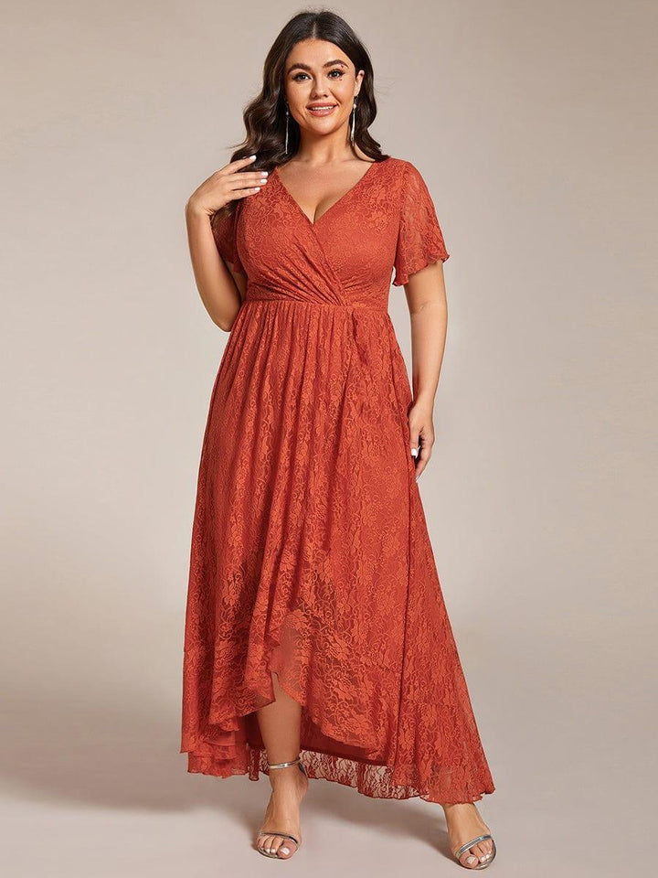 ever ELISE|V-Neck Lace High-Low Evening Dress with Short Sleeves