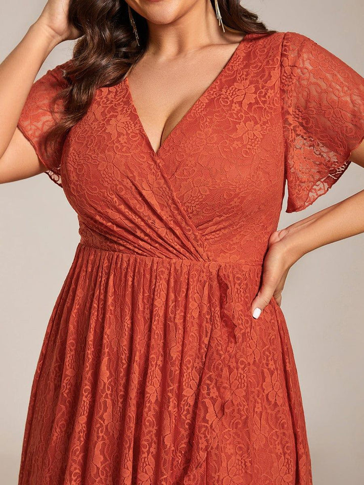ever ELISE|V-Neck Lace High-Low Evening Dress with Short Sleeves