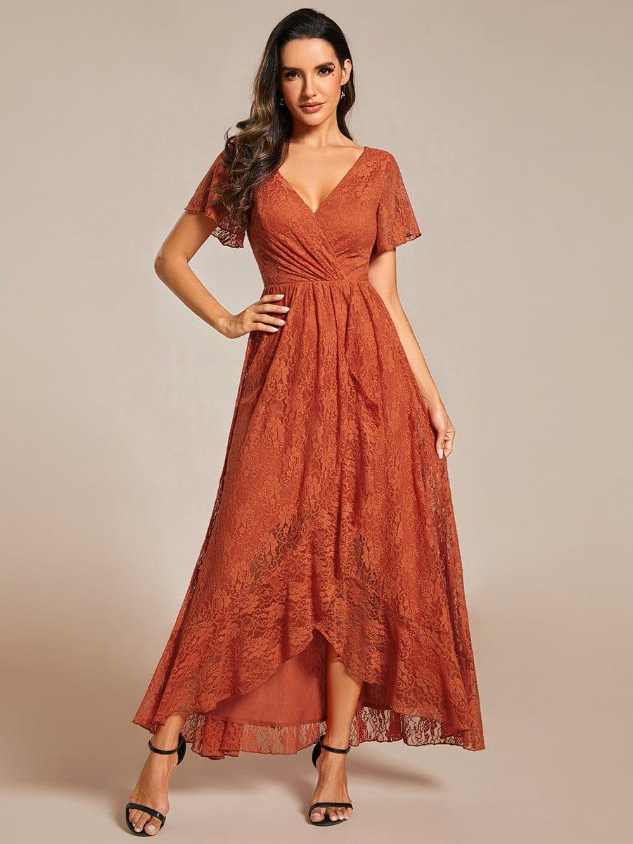 ever ELISE|V-Neck Lace High-Low Evening Dress with Short Sleeves