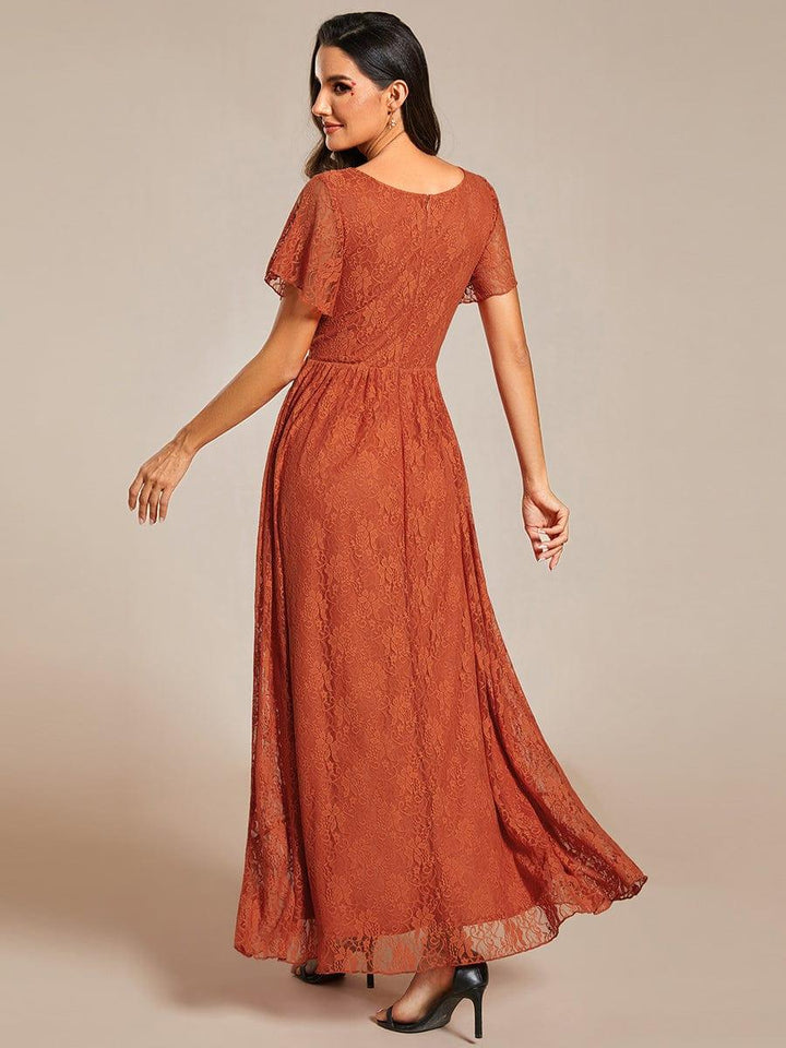 ever ELISE|V-Neck Lace High-Low Evening Dress with Short Sleeves
