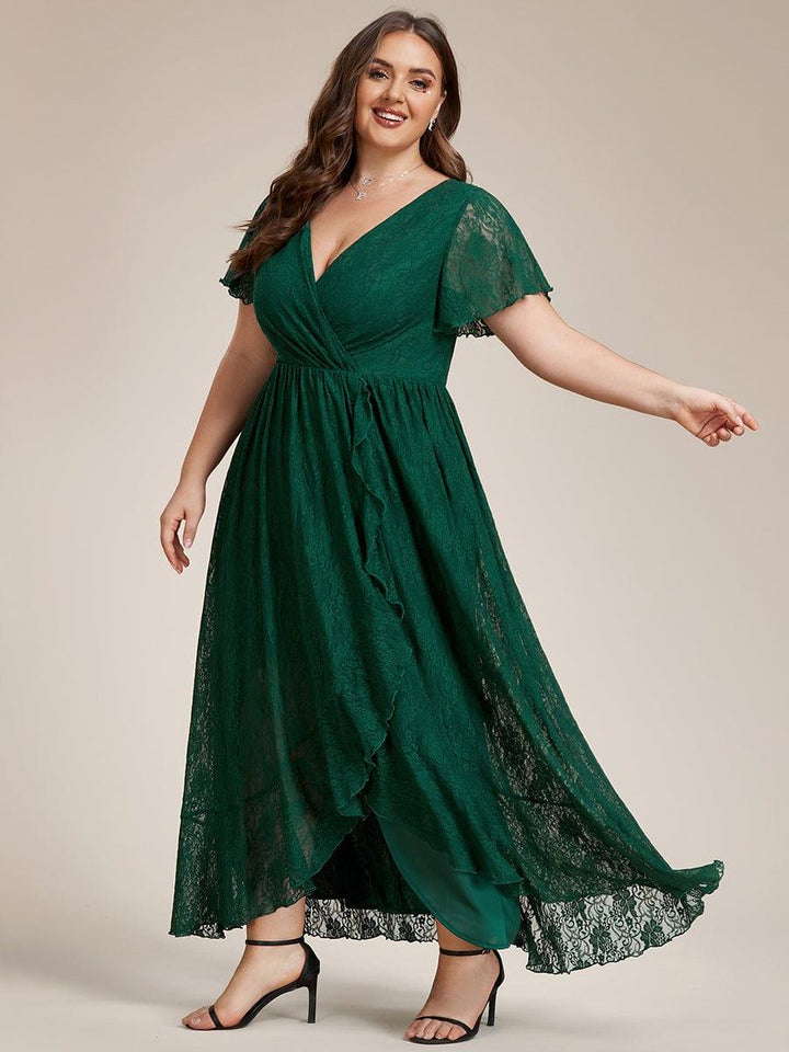 ever ELISE|V-Neck Short Sleeve Pleated Ruffled Lace Mother of the Bride Dress