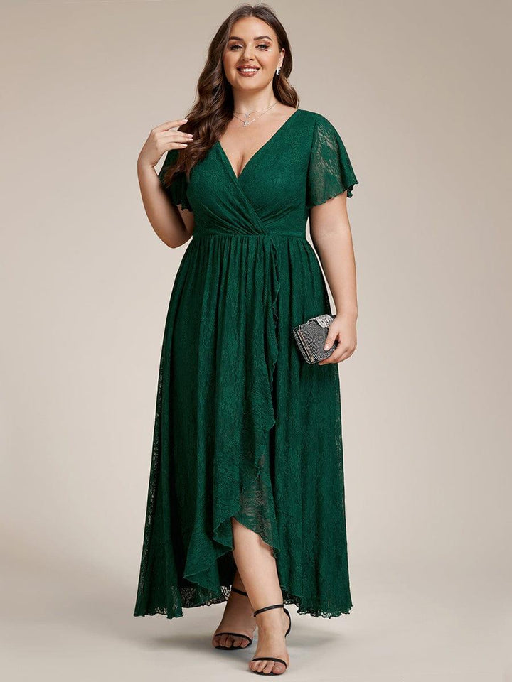 ever ELISE|V-Neck Short Sleeve Pleated Ruffled Lace Mother of the Bride Dress