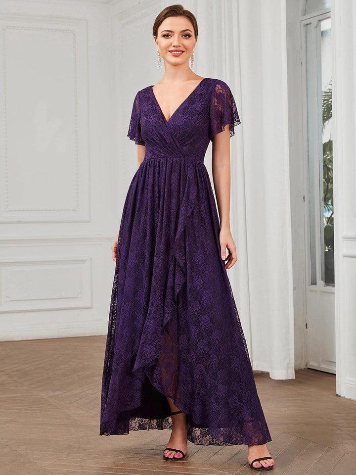 ever ELISE|V-Neck Short Sleeve Pleated Ruffled Lace Mother of the Bride Dress