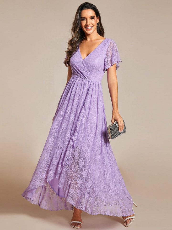 ever ELISE|V-Neck Lace High-Low Evening Dress with Short Sleeves