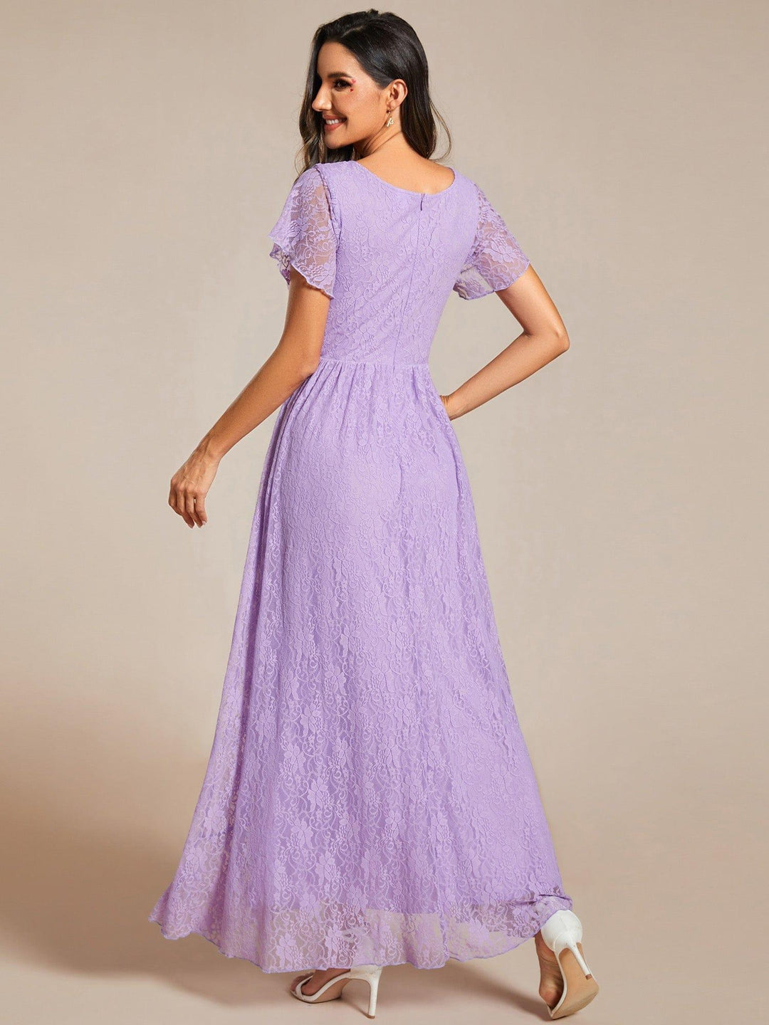 ever ELISE|V-Neck Lace High-Low Evening Dress with Short Sleeves