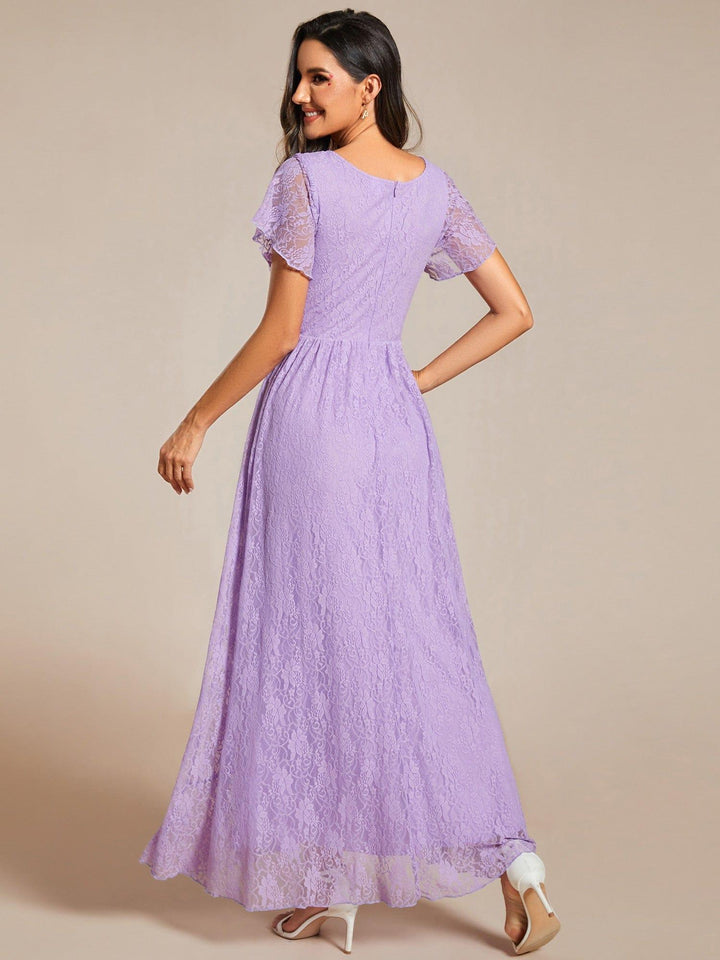 ever ELISE|V-Neck Lace High-Low Evening Dress with Short Sleeves
