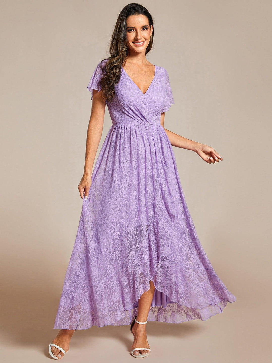ever ELISE|V-Neck Lace High-Low Evening Dress with Short Sleeves