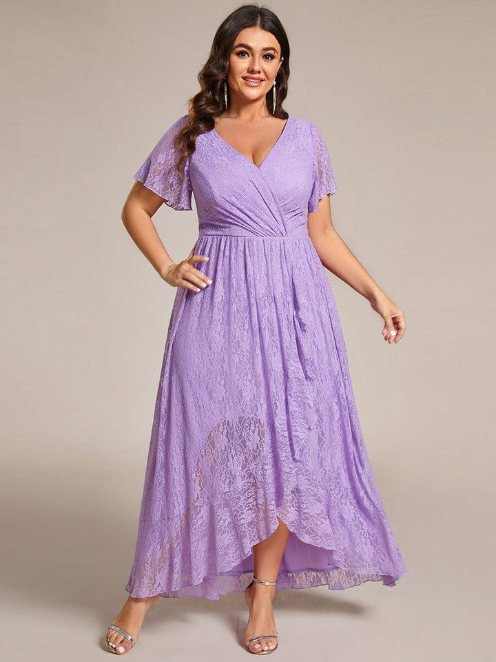 ever ELISE|V-Neck Lace High-Low Evening Dress with Short Sleeves