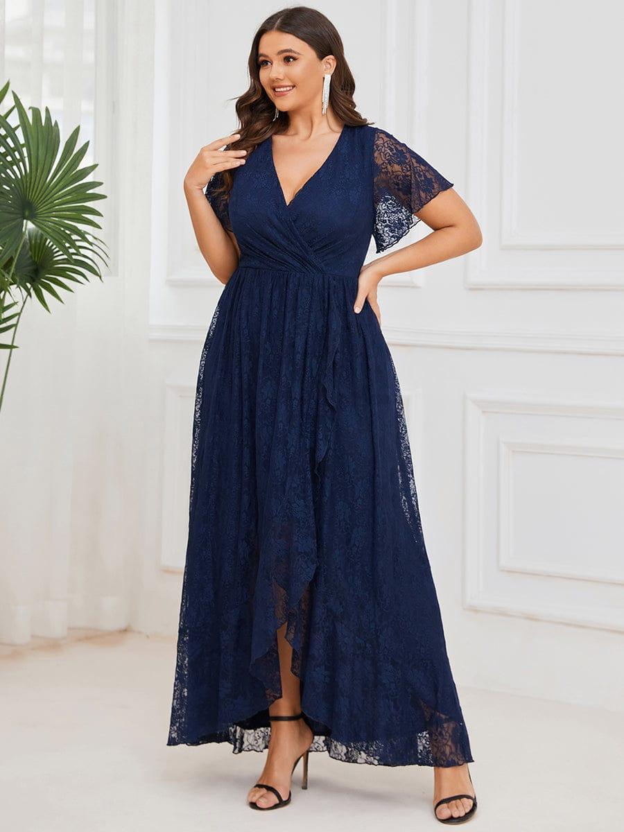 ever ELISE|V-Neck Short Sleeve Pleated Ruffled Lace Mother of the Bride Dress