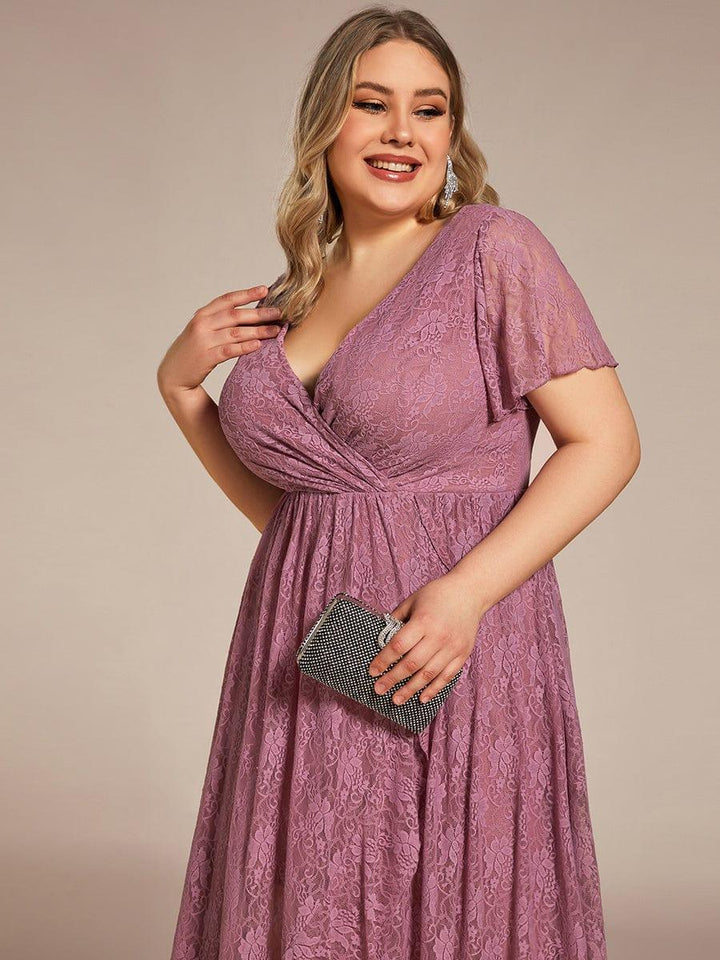 ever ELISE|V-Neck Short Sleeve Pleated Ruffled Lace Mother of the Bride Dress