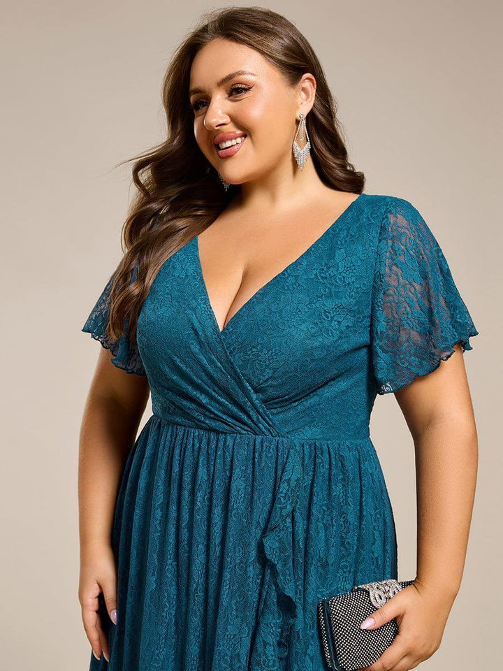 ever ELISE|V-Neck Short Sleeve Pleated Ruffled Lace Mother of the Bride Dress