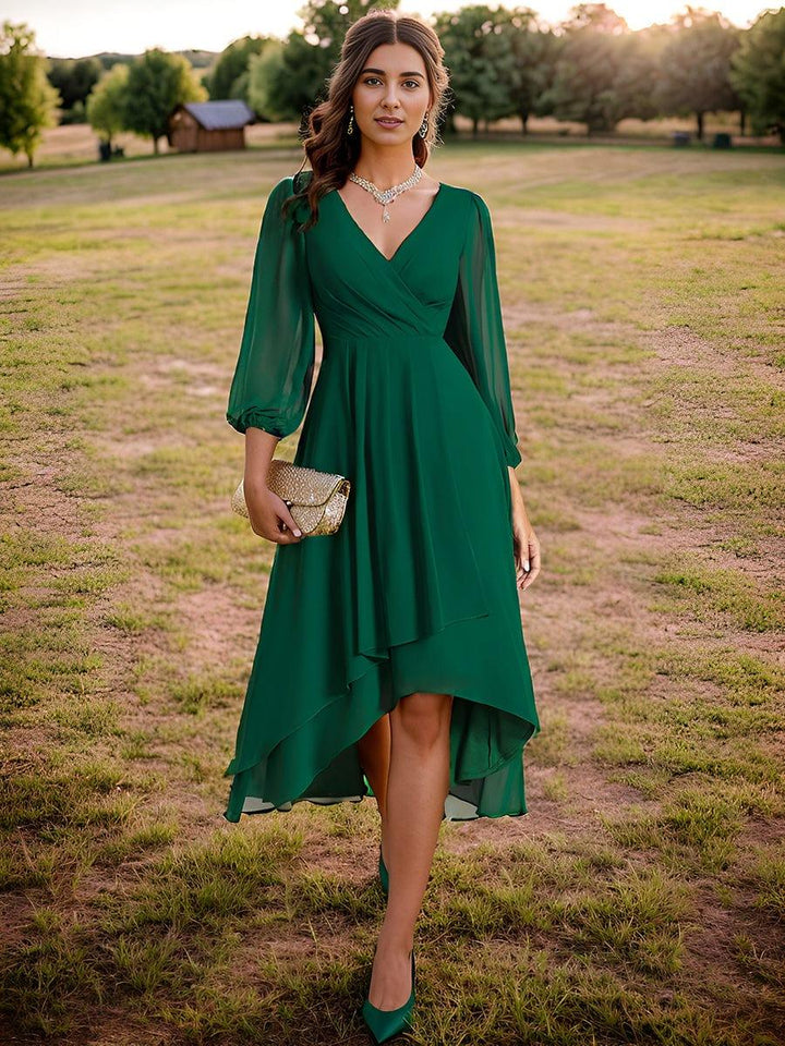 ever BRIAR|Elegant 3/4 Sleeve V-Neck High Low Chiffon Wedding Guest Dress