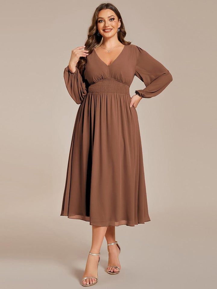 ever AMARA|Elegant V Neck Long Sleeves Midi Wedding Guest Dress(Final Sale)