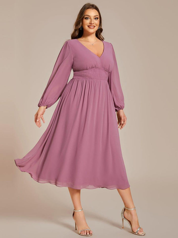 ever AMARA|Elegant V Neck Long Sleeves Midi Wedding Guest Dress(Final Sale)