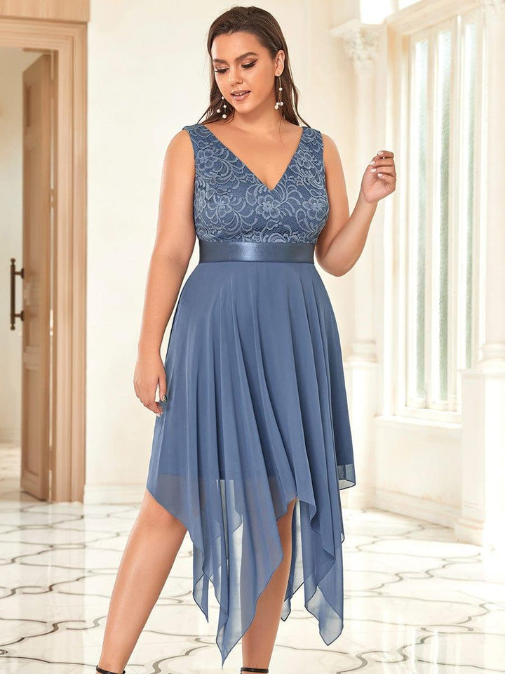 ever COSTA|Stunning V Neck Lace Chiffon Dress in Dusty Blue