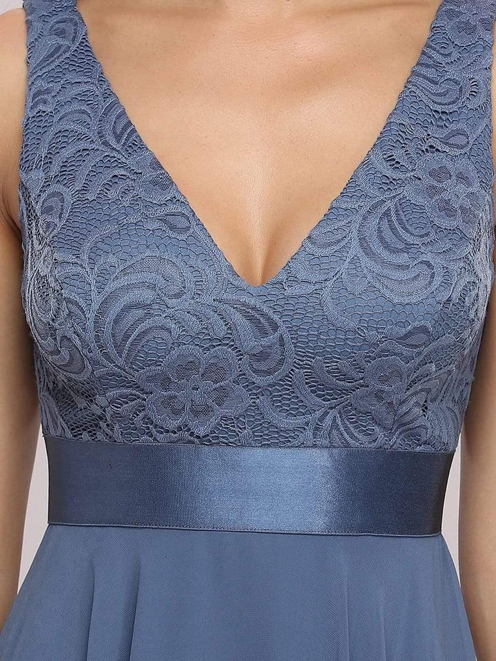 ever COSTA|Stunning V Neck Lace Chiffon Dress in Dusty Blue