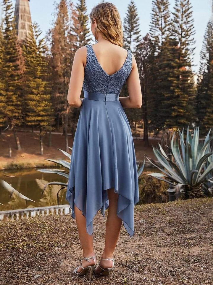 ever COSTA|Stunning V Neck Lace Chiffon Dress in Dusty Blue