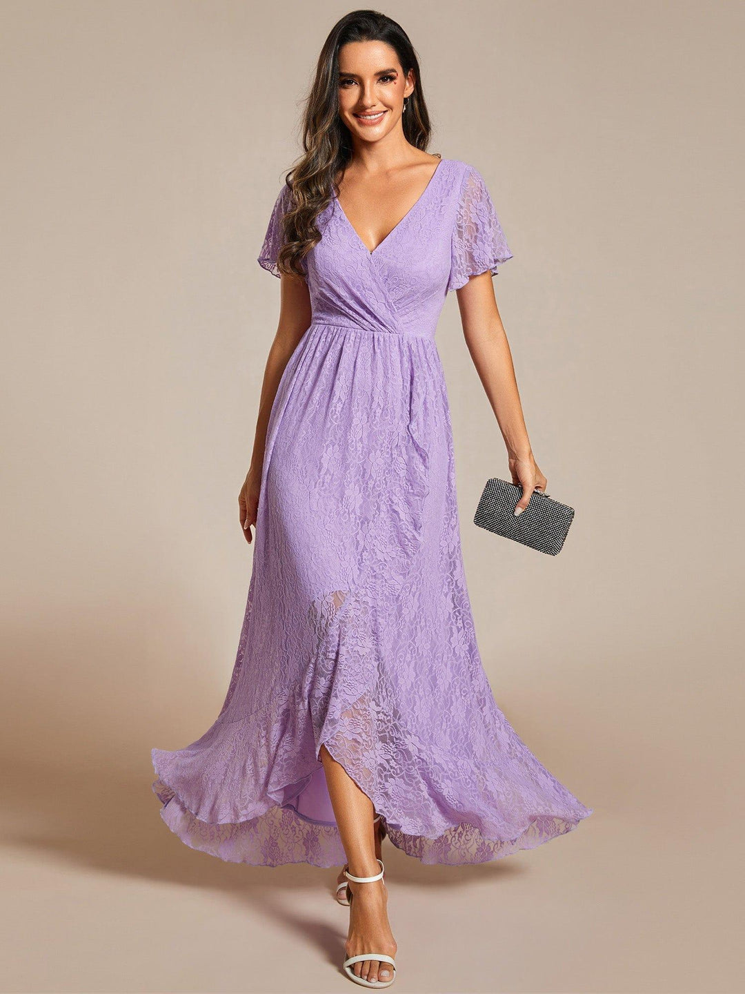 ever ELISE|V-Neck Short Sleeve Pleated Ruffled Lace Mother of the Bride Dress
